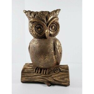 Owl on Branch Figurine Statue 9" Gold Copper Tone Bird Decor VTG